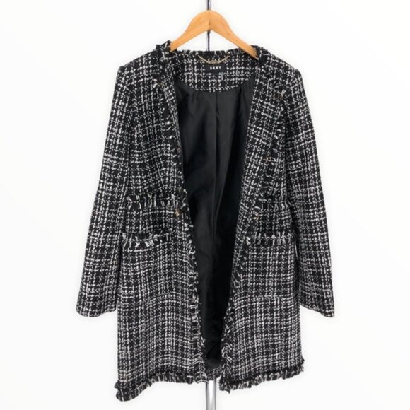 DKNY Black Long Tweed Topper Jacket - Picture 3 of 15